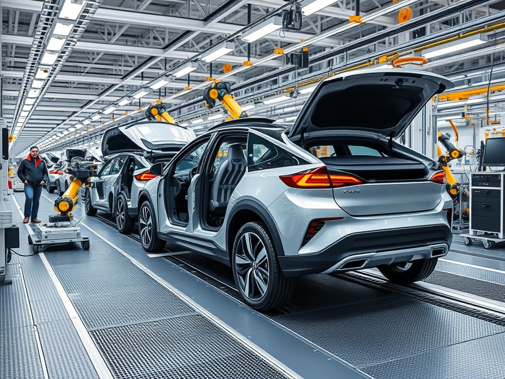 illustrative image of an automotive assembly line. China controls over 90 percent of the processing capacity of rare earth minerals needed in magnets that go into EVs. Its tightening restrictions are impacting global supply chains.
