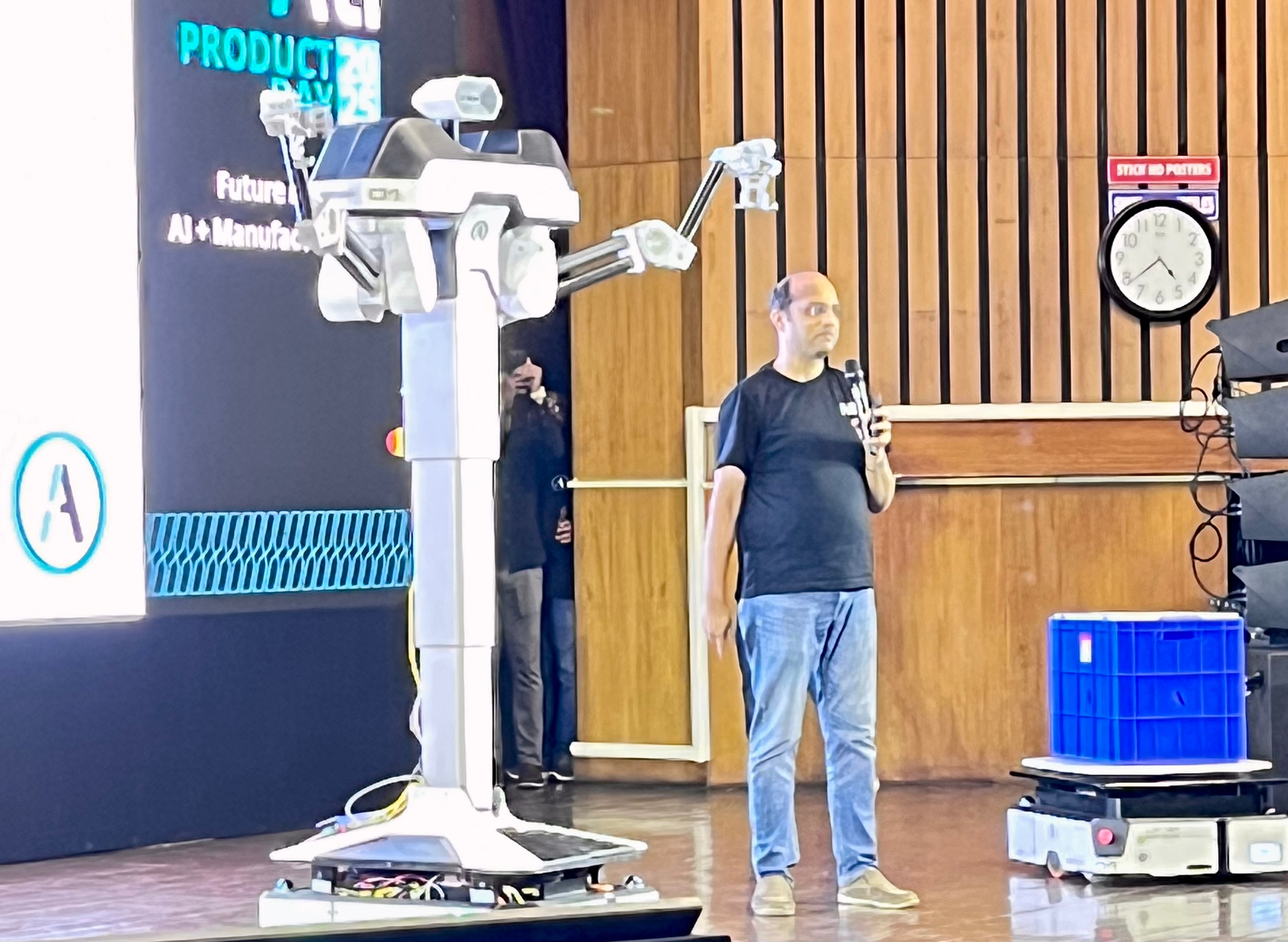 Founder and CEO Saurabh Chandra with Ati Robotics' humanoid research prototype Mecha at the company's products day in July 2025.